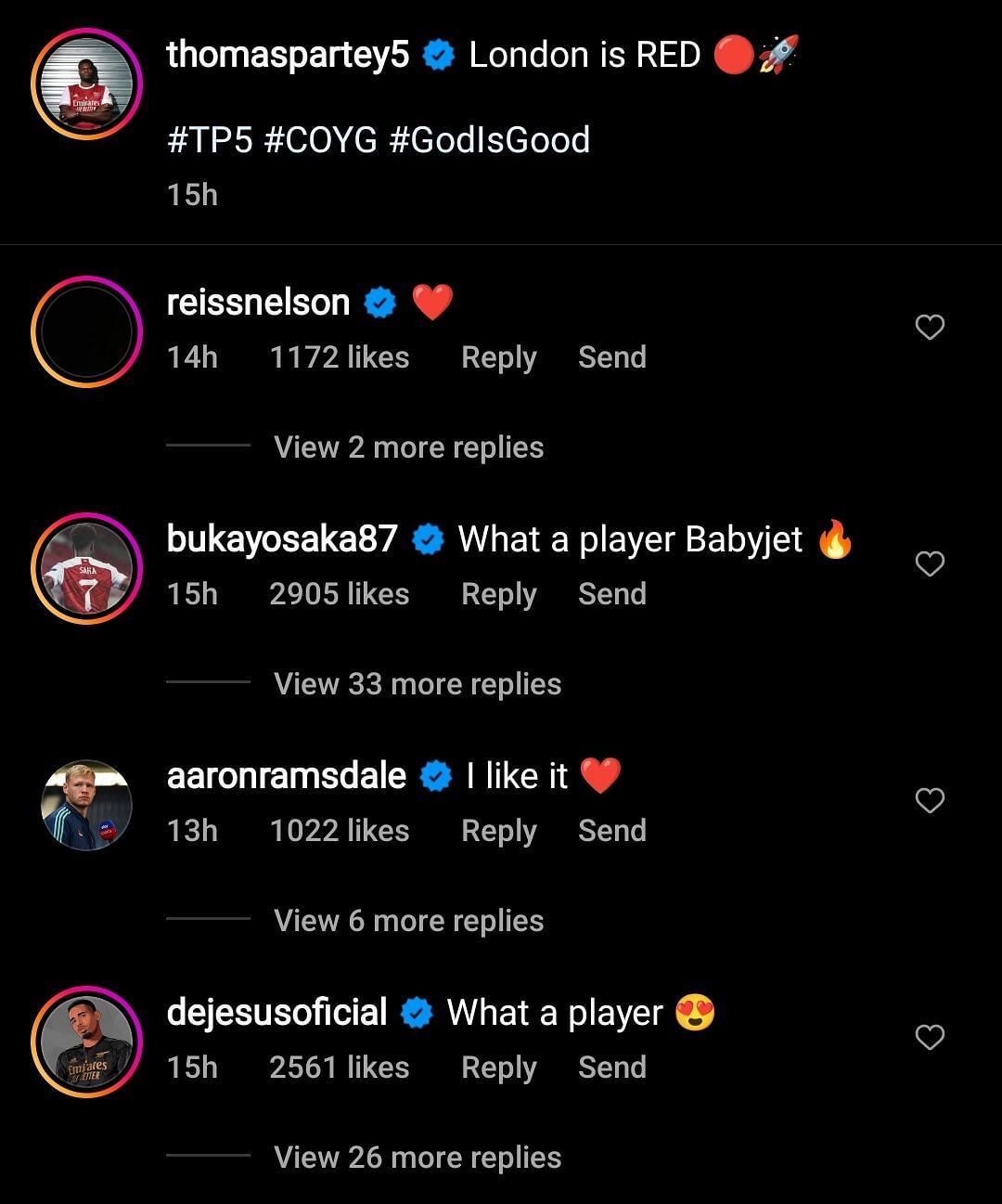 Gabriel Jesus and Bukayo Saka's comments on Thomas Partey's post.